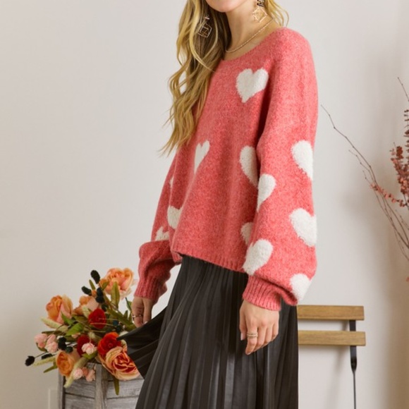 SOLD OUT Red Heart Valentines Day Crew Neck Pullover Relaxed Fit Knit Sweater - Picture 3 of 5